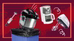 Art of an instant pot going into the trash with other appliances on red background.