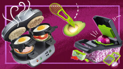 illustration of an avocado slicer, an onion chopper, and a breakfast sandwich maker