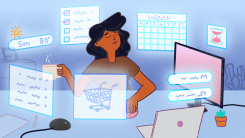 Woman smiling at desk with screens floating around her