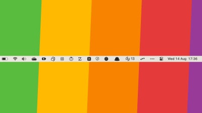 A screenshot of a Mac's cluttered menu bar against a rainbow-colored background. 