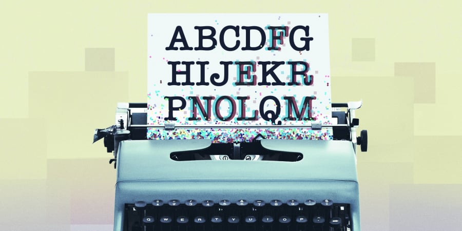 An illustration of a typewriter with a piece of paper covered in digital text of the alphabet with some letters transposed