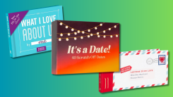 It's a Date, Knock Knock book, and Letters to My Love on a teal and green gradient background.