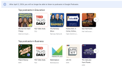 A screenshot Google Podcasts with a banner informing the user that the service is going to shut down soon.