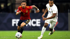 MILAN, ITALY - OCTOBER 10, 2021: Yéremy Pino and Jules Koundé in action during the UEFA Nations League 2021 Final SPAIN v FRANCE at San Siro Stadium.