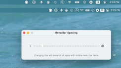 Two versions of a cluttered Mac menu bar—one with the default spacing, one with the tighter spacing this applications allows. The application window is below this—it's just a slider.