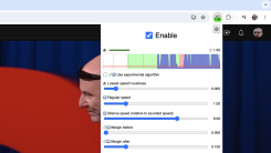The browser extension JumpCutter running in Chrome. There is a graph showing the volume at different points in a TED Talk, with the silent parts outlined in red. Those can be sped up.