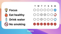 The home screen widget for the application Habituator, which features four habits—focus, eat healthy, drink water, and no smoking. Each habit has a row of check boxes the user can tap.